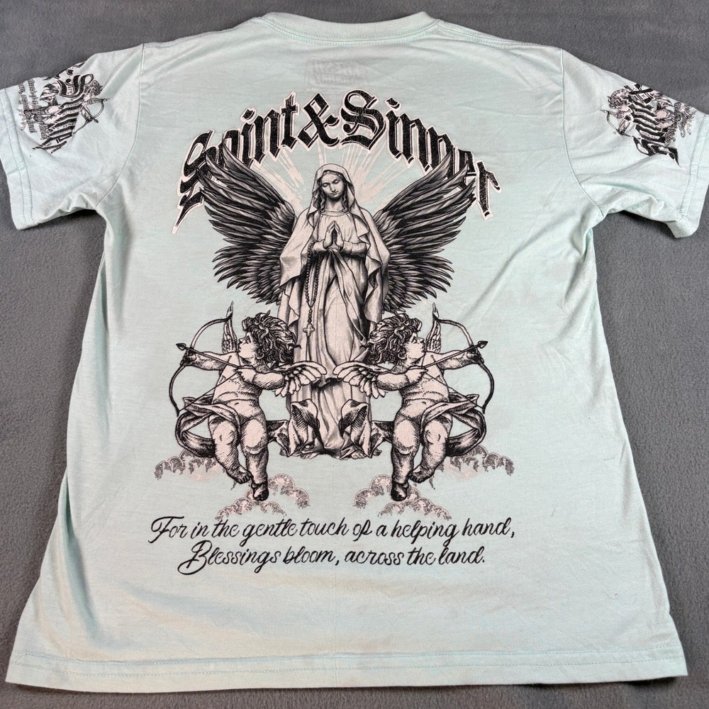 Fresh Laundry Saint & Sinner Graphic T-Shirt Mint Green Religious Cherub Large